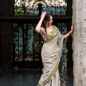 ash grey linen saree with kalamkari border