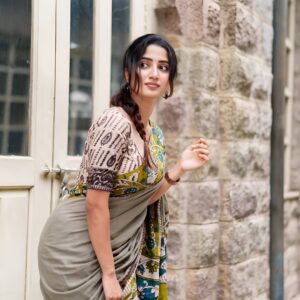 ash grey linen saree with kalamkari border