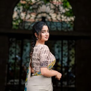 ash grey linen saree with kalamkari border