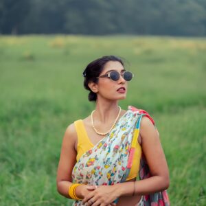 linen blend daily wear saree with yellow fish design