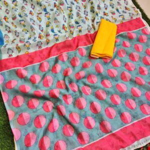 linen blend daily wear saree with yellow fish design