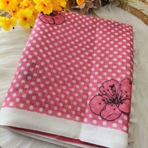linen saree with pink flower design