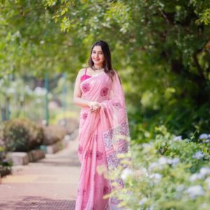linen saree with pink flower design