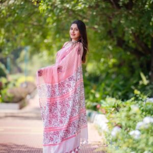 linen saree with pink flower design