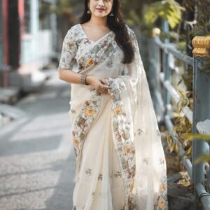 beige linen cotton saree with garden design