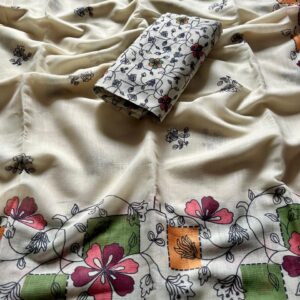 beige linen cotton saree with garden design