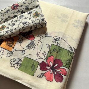 beige linen cotton saree with garden design