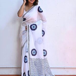 linen cotton saree with evil eye design