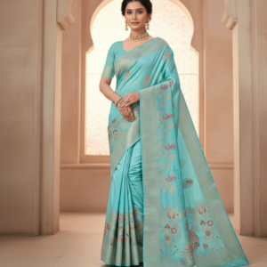 premium dola silk with peacock garden drap design in pallu