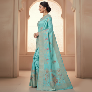 premium dola silk with peacock garden drap design in pallu