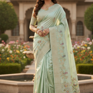 premium dola silk with peacock garden drap design in pallu