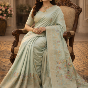 premium dola silk with peacock garden drap design in pallu