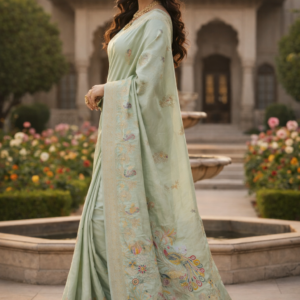 premium dola silk with peacock garden drap design in pallu