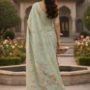 premium dola silk with peacock garden drap design in pallu