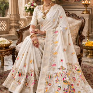 premium dola silk with peacock garden drap design in pallu