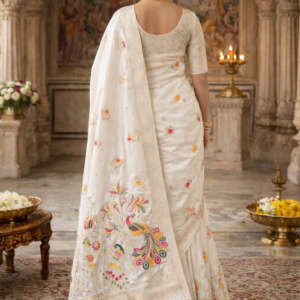 premium dola silk with peacock garden drap design in pallu