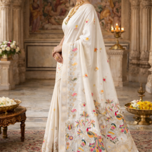 premium dola silk with peacock garden drap design in pallu