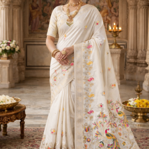 premium dola silk with peacock garden drap design in pallu