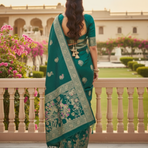premium dola silk with peacock garden drap design in pallu