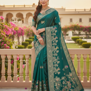 premium dola silk with peacock garden drap design in pallu