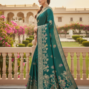 premium dola silk with peacock garden drap design in pallu