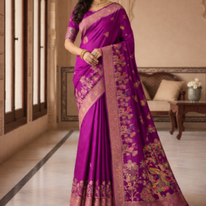 premium dola silk with peacock garden drap design in pallu