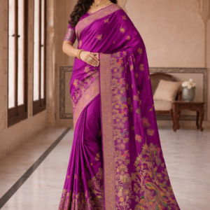 premium dola silk with peacock garden drap design in pallu