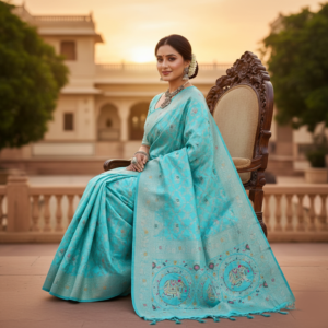 sea blue dola silk saree with blouse piece