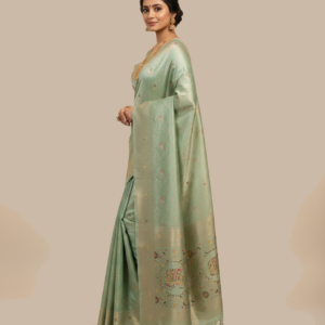 pista green dola silk saree with having gajraj in pallu