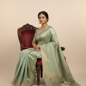 pista green dola silk saree with having gajraj in pallu