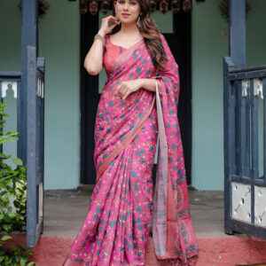 rose garden floral linen saree