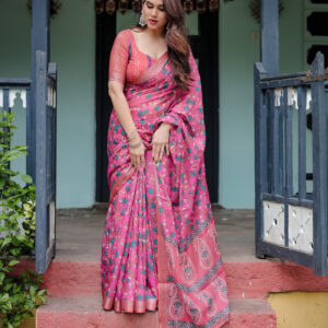 rose garden floral linen saree