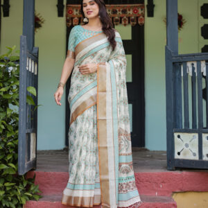 elegant beige linen saree with aqua motifs