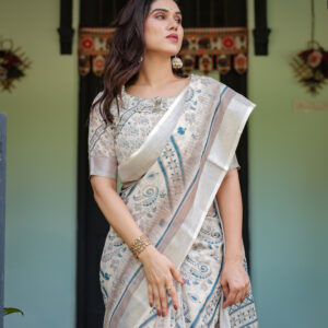 linen saree with blue floral prints