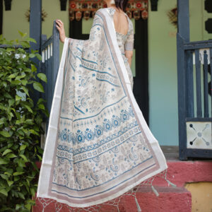 linen saree with blue floral prints