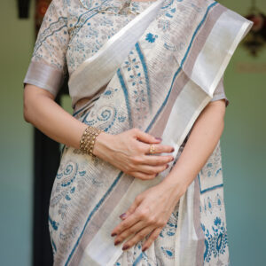 linen saree with blue floral prints