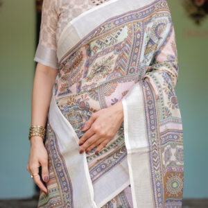 linen saree with blue gardening floral prints
