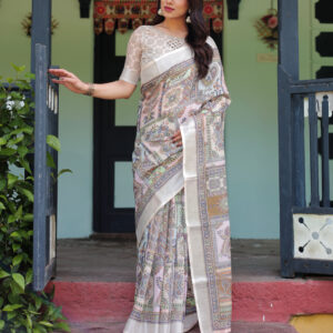 linen saree with blue gardening floral prints