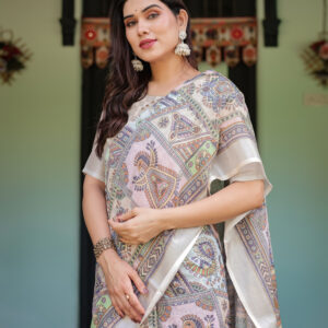 linen saree with blue gardening floral prints