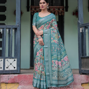 linen saree with blue flower prints