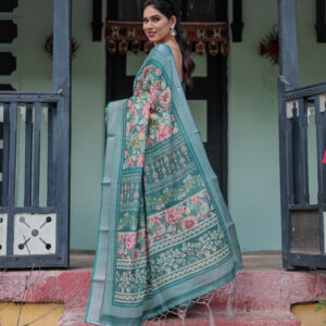 linen saree with blue flower prints