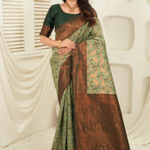 royal green jacquard saree with statement copper border