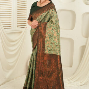 royal green jacquard saree with statement copper border