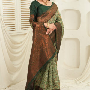 royal green jacquard saree with statement copper border