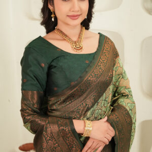 royal green jacquard saree with statement copper border