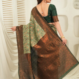 royal green jacquard saree with statement copper border