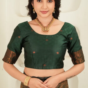 royal green jacquard saree with statement copper border