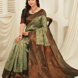 royal green jacquard saree with statement copper border
