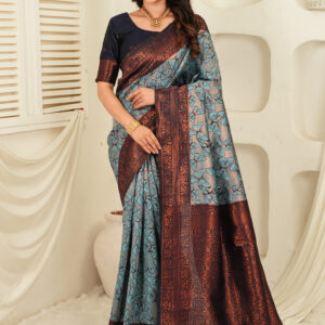 royal green jacquard saree with statement copper border