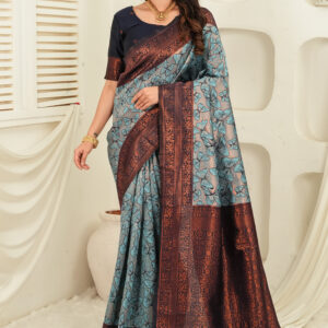 royal green jacquard saree with statement copper border